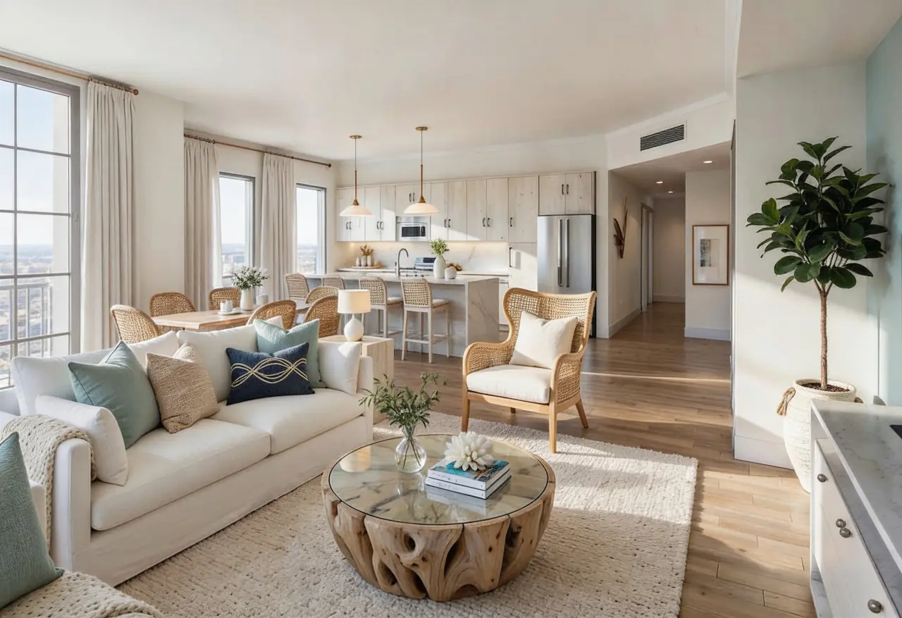 Bayside Sarasota residence living room with bright coastal finishes.