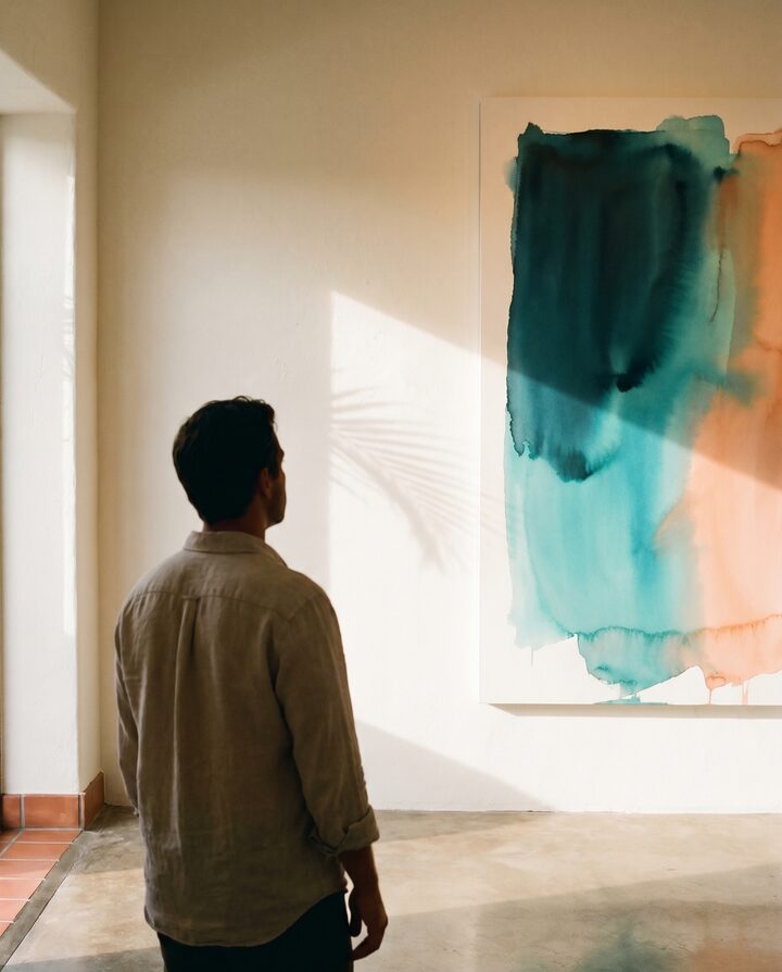 Abstract gallery texture with coastal color and no readable signage