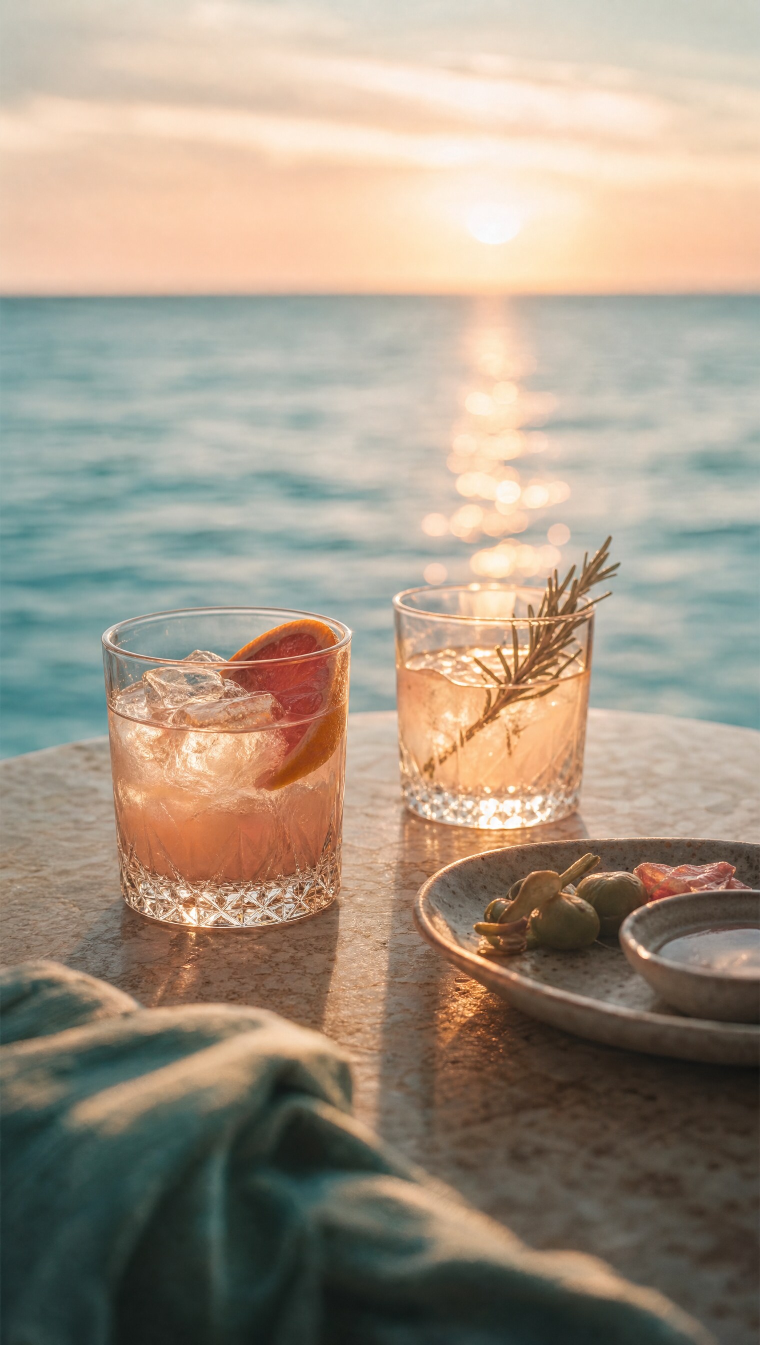 Evening table set with cocktails in warm sunset light near the Sarasota bayfront